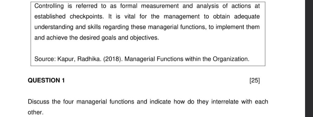 Solved Managerial Functions within the Organization | Chegg.com