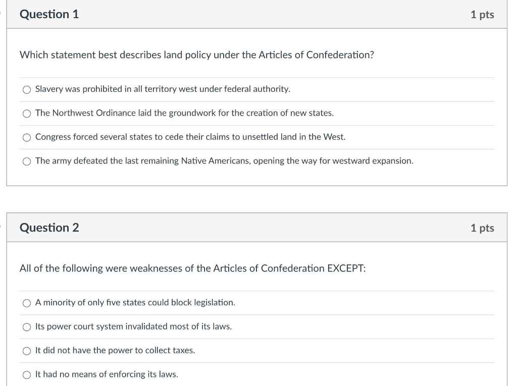 which statement best describes land policy under the articles of confederation
