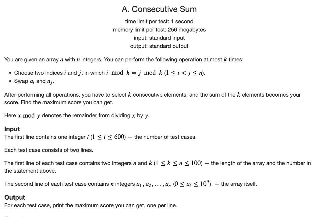 Solved A. Consecutive Sum time limit per test: 1 second | Chegg.com