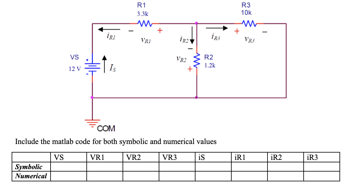 Solved R1 R3 10k 3.3k + iri iR3 VRI 1R2 VR3 Vs VR2 R2 1.2k w | Chegg.com