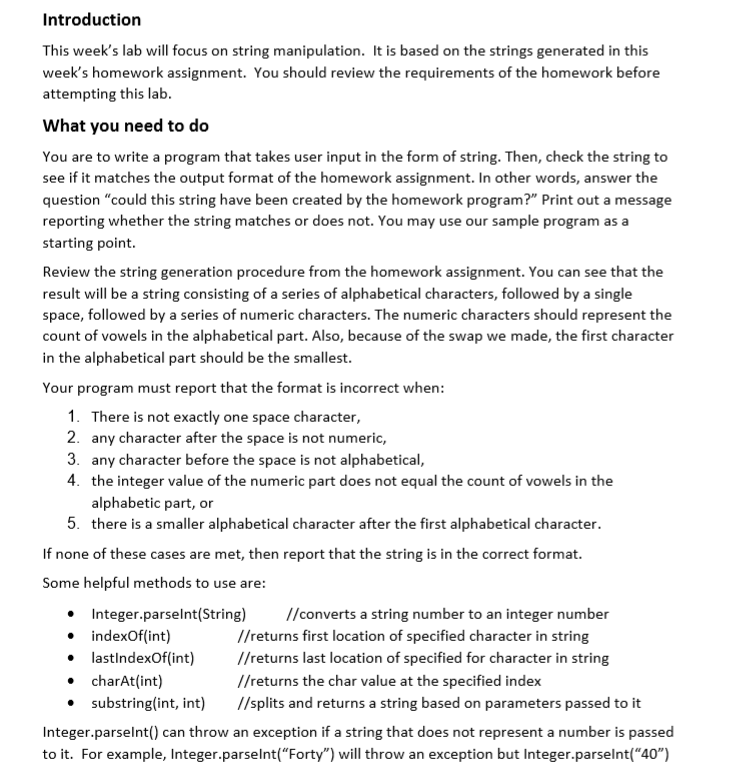 Introduction This weeks lab will focus on string manipulation. It is based on the strings generated in this weeks homework