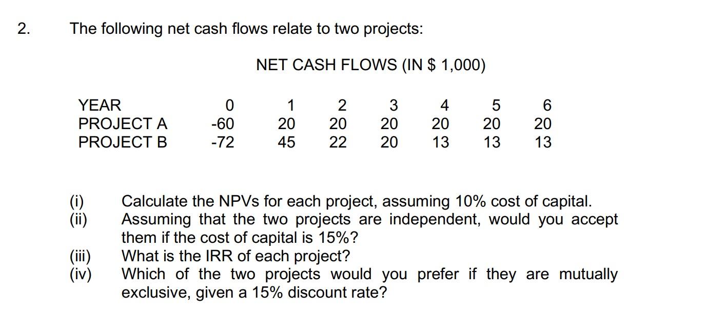 Solved 2. The following net cash flows relate to two | Chegg.com