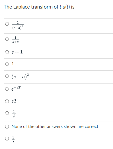 Solved The Laplace transform of \( t \cdot u(t) \) is \[ | Chegg.com