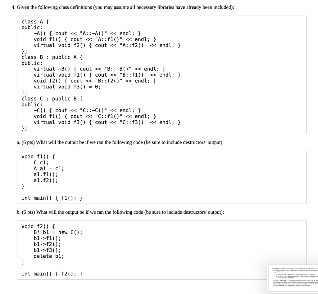 Solved 4. Given the following class definitions (you may | Chegg.com