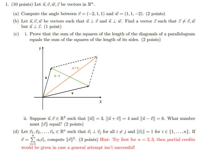 Solved 1. (10 points) Let u,v,w,z be vectors in Rn. (a) | Chegg.com