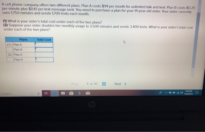 Solved A cell phone company offers two different plans. Plan | Chegg.com
