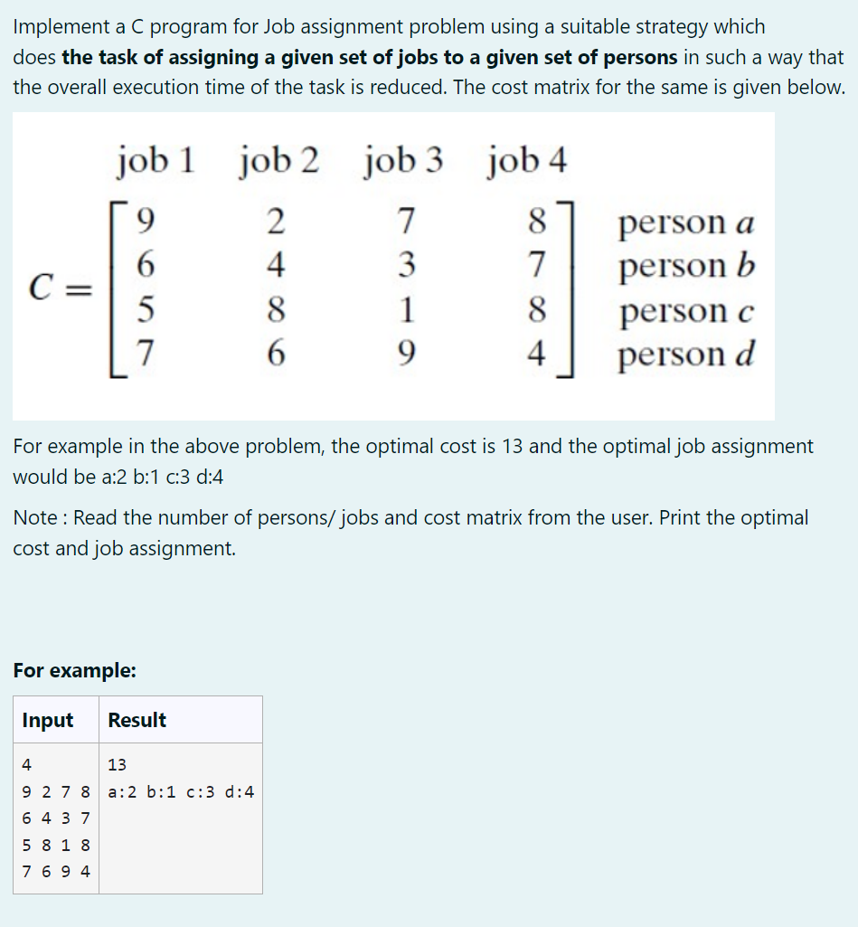 job assignment problem in c