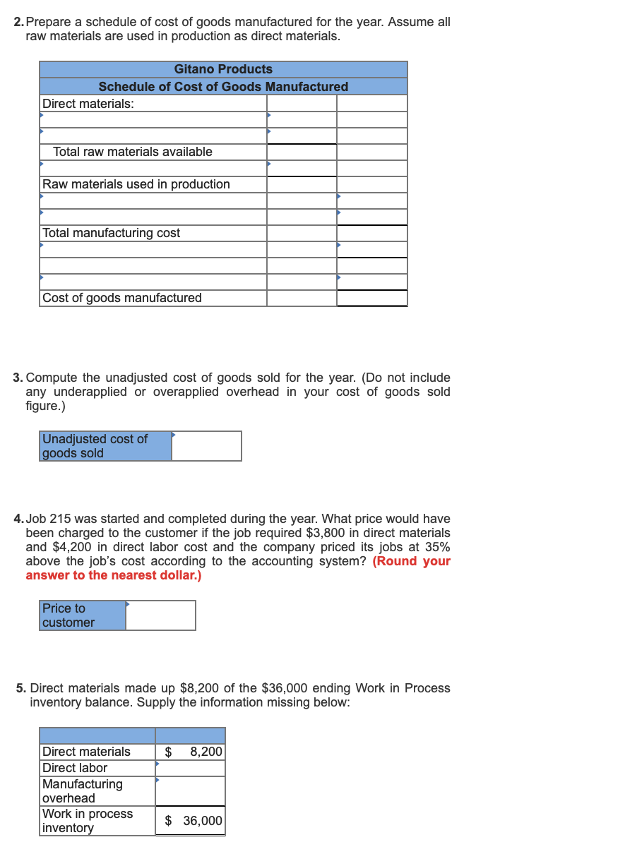 Solved Gitano Products operates a joborder costing system