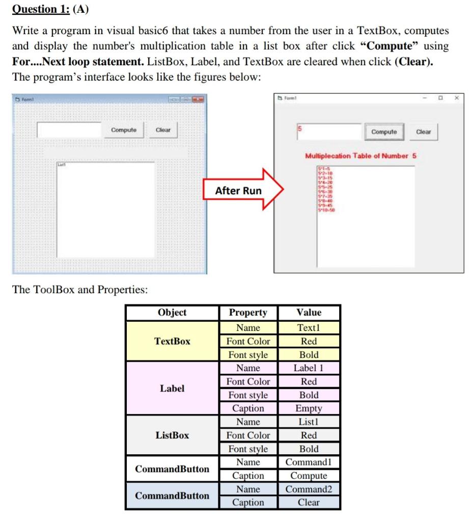 Solved Question 1: (A) Write a program in visual basicó that | Chegg.com
