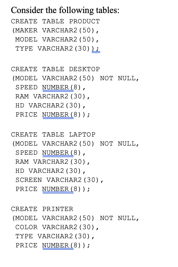 Solved Consider the following tables: CREATE TABLE PRODUCT | Chegg.com