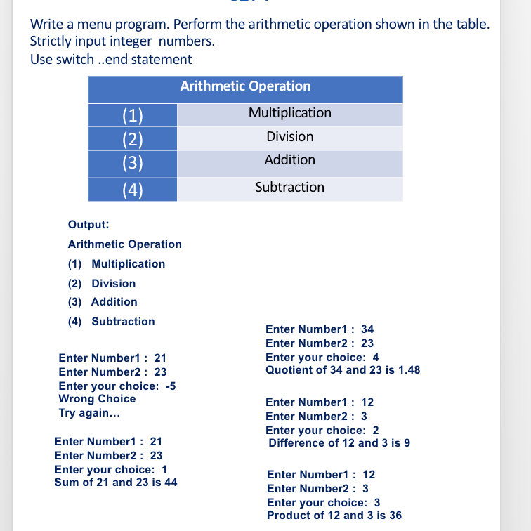 Write a menu program. Perform the arithmetic | Chegg.com