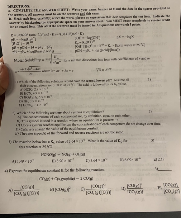 Solved Directions A Complete The Answer Sheet Write Yo