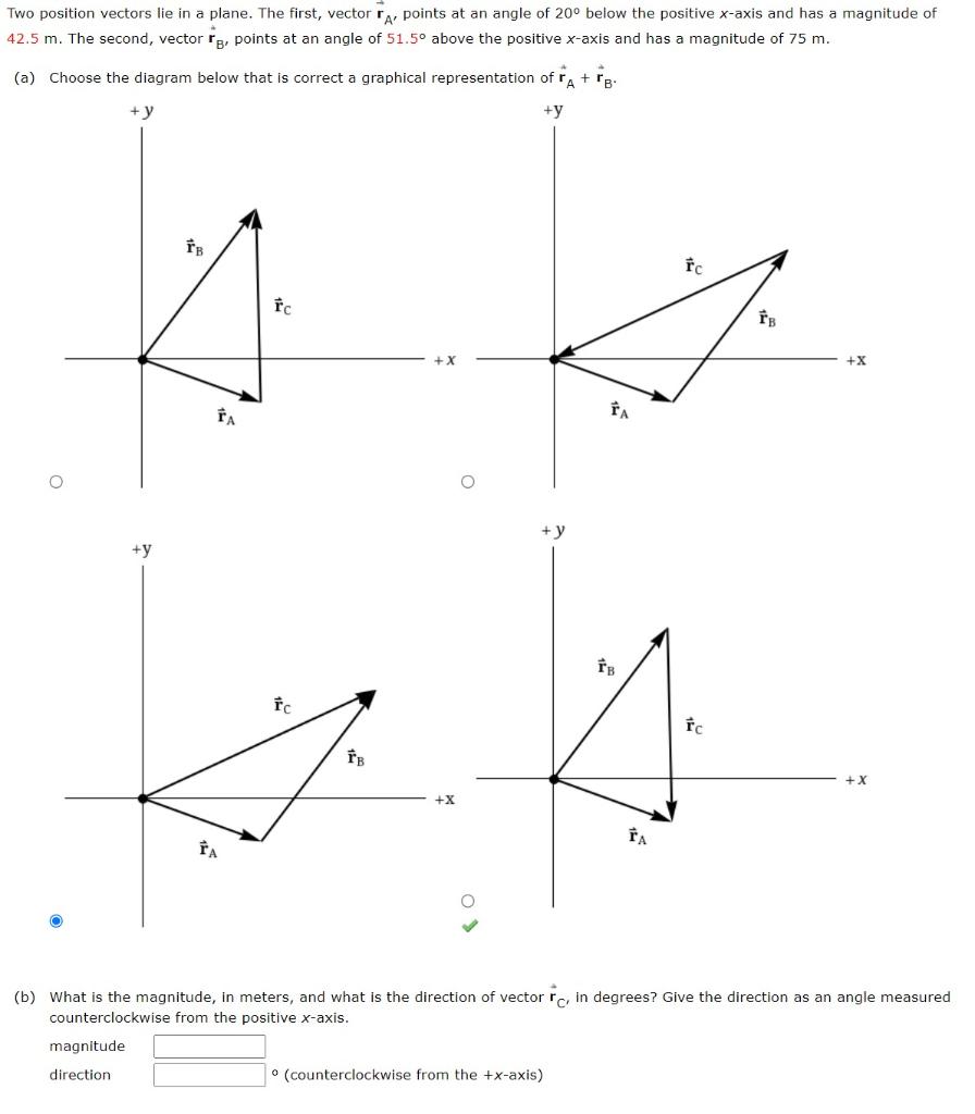 Two position vectors lie in a plane. The first, vector \( \overrightarrow{\mathbf{r}}_{\mathrm{A}^{\prime}} \) points at an a