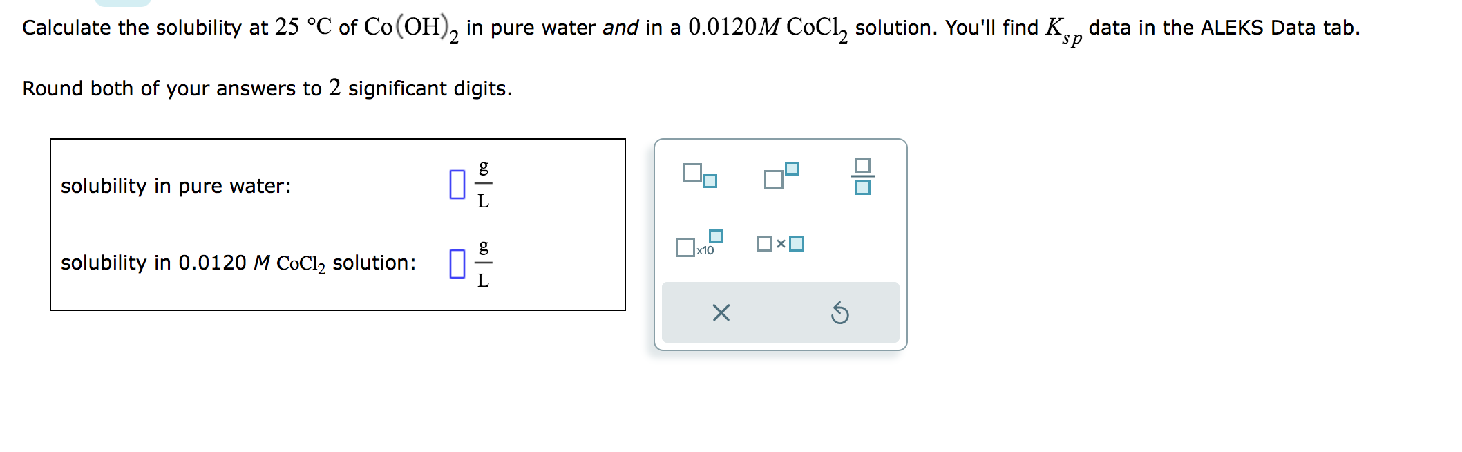 Solved Calculate the solubility at 25∘C of Co(OH)2 in pure | Chegg.com