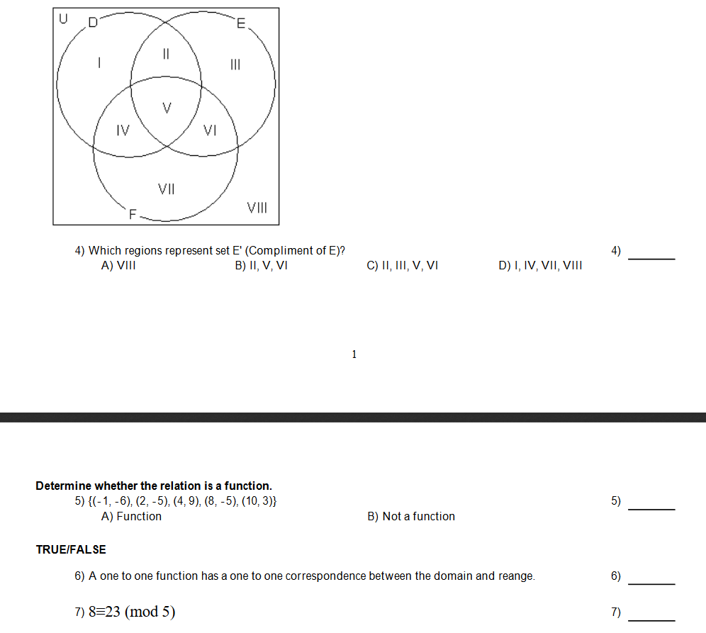 Solved F 4) Which regions represent set E' (Compliment of | Chegg.com