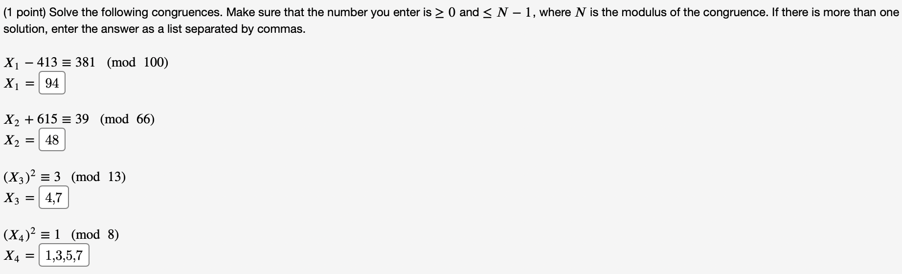 Solved (1 Point) Solve The Following Congruences. Make Sure | Chegg.com