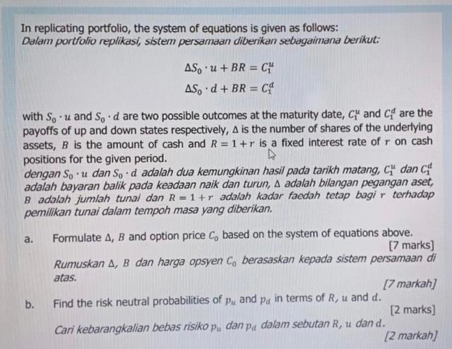 In replicating portfolio, the system of equations is | Chegg.com