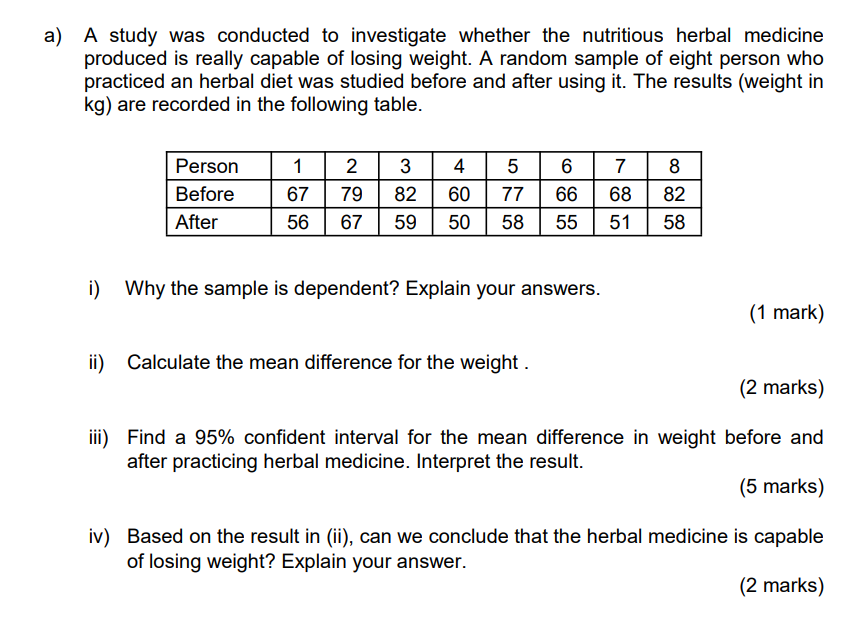 Solved a) A study was conducted to investigate whether the | Chegg.com