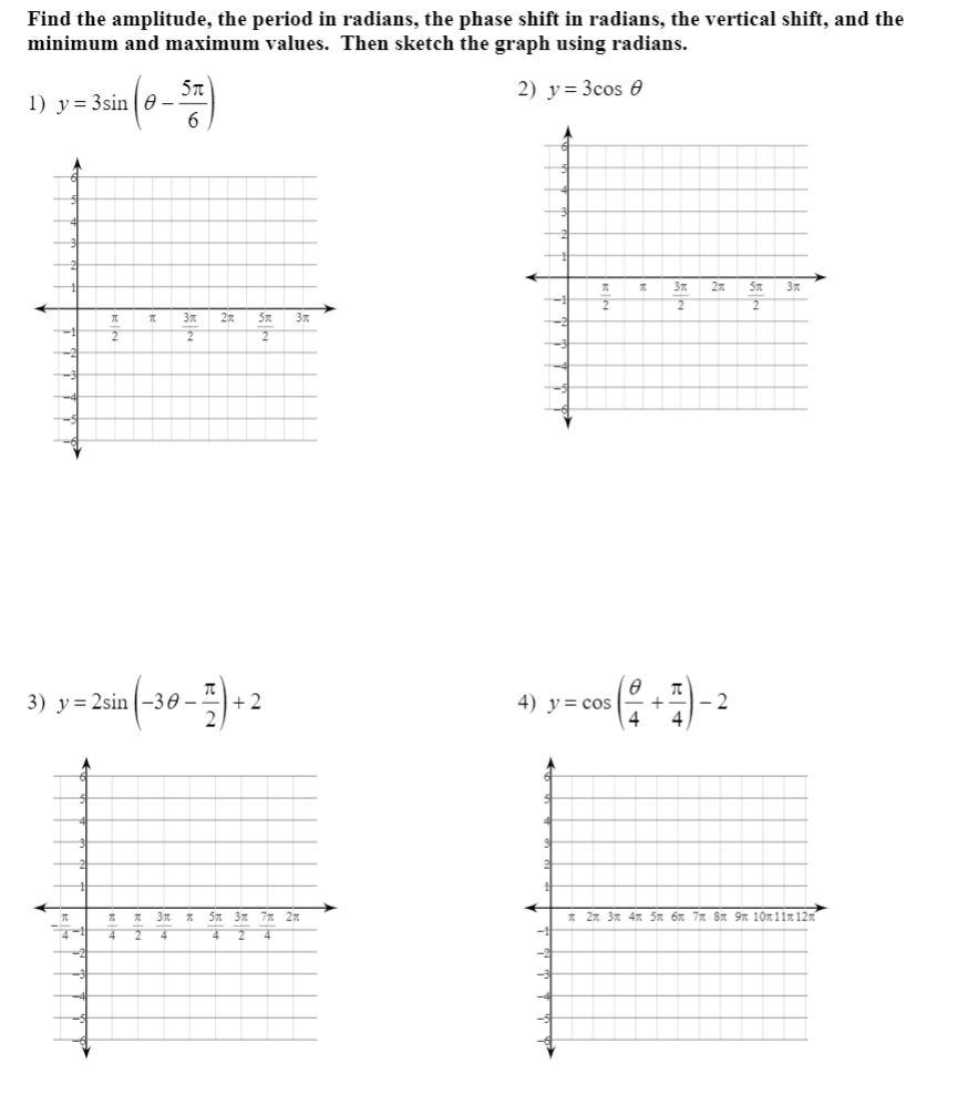 Solved Find the amplitude, the period in radians, the phase | Chegg.com