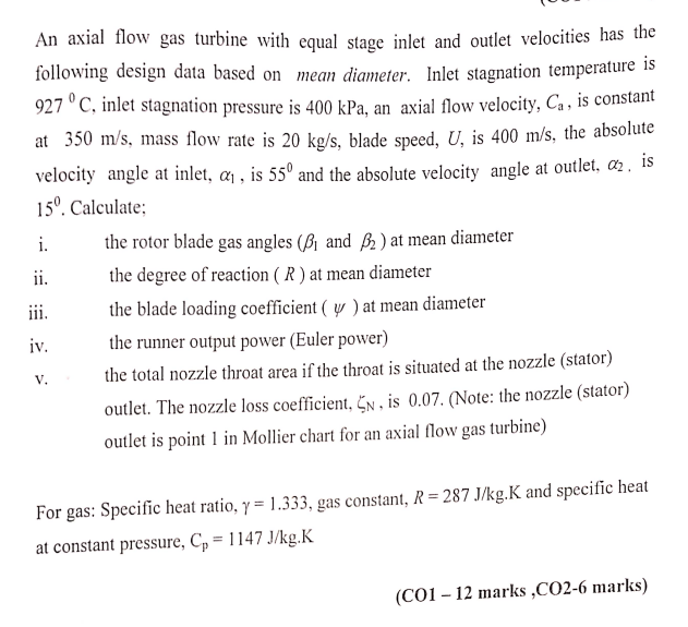 An axial flow gas turbine with equal stage inlet and outlet velocities has the
following design data based on mean diameter. 