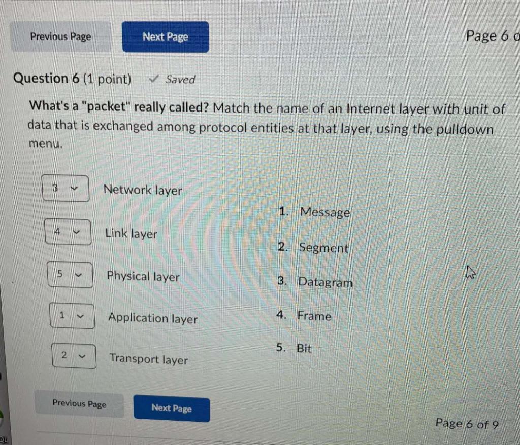 Whats a packet really called? Match the name of an Internet layer with unit of data that is exchanged among protocol entit