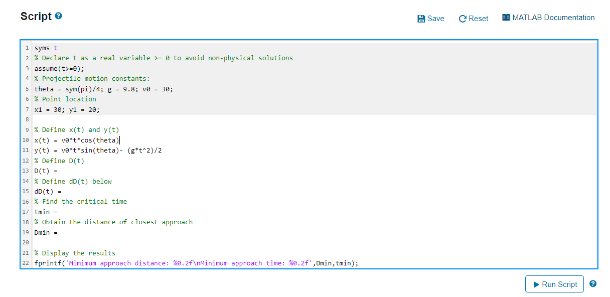 Solved Script Save C Reset MATLAB Documentation 1 symst 2 % | Chegg.com