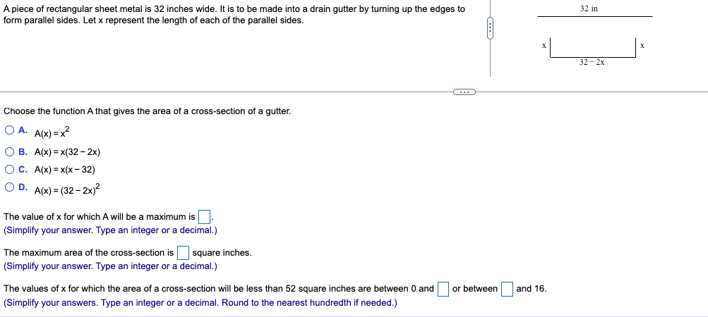 Solved A piece of rectangular sheet metal is 32 inches wide. | Chegg.com