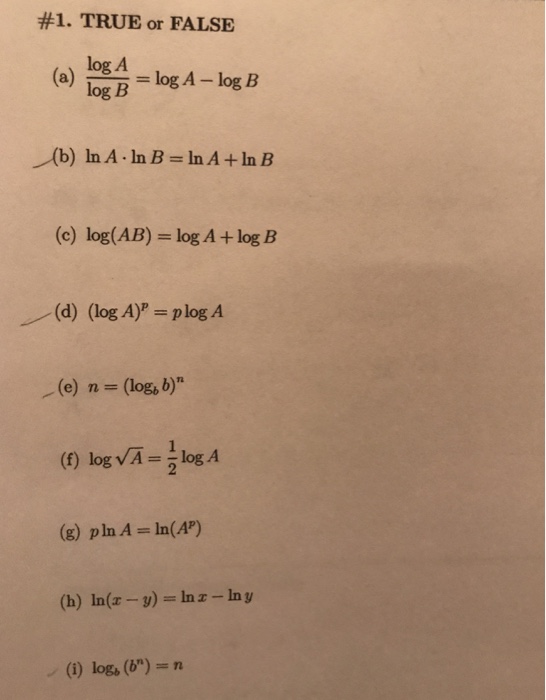 Solved (a) Log A/log B = Log A - Log B (b) Ln A Middot Ln B | Chegg.com