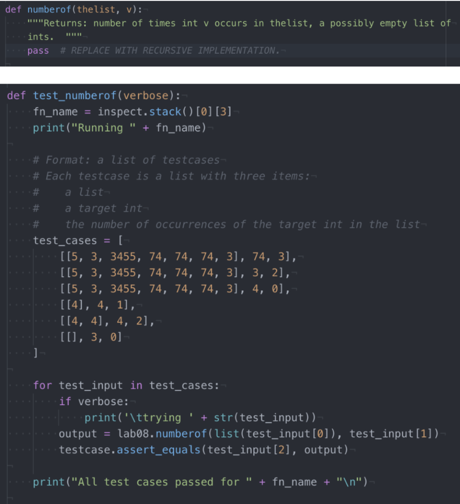 Solved def numberof(thelist, v): "Returns: number of times | Chegg.com