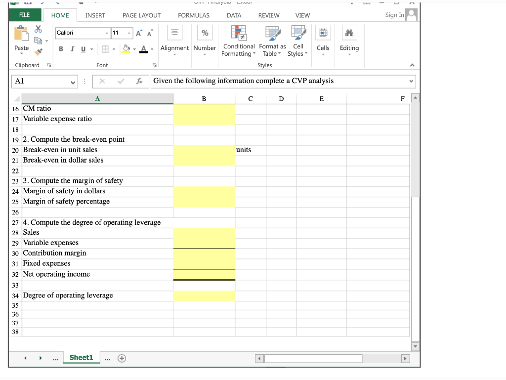 Solved CVP Analysis using Excel's Basic Math Functions JPL, | Chegg.com