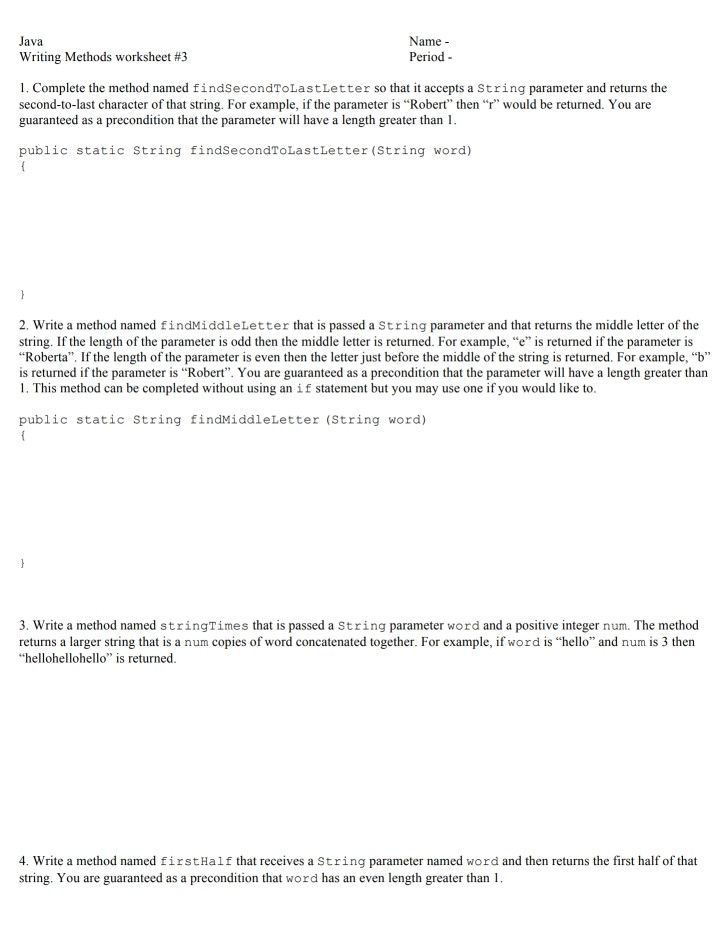 Solved Name Java Writing Methods worksheet # 3 Period 1. | Chegg.com