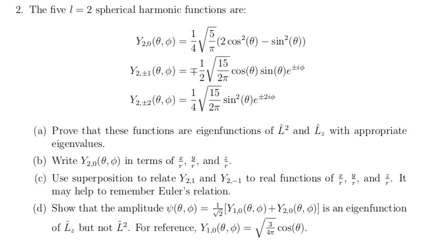 Solved 2 The Five 1 2 Spherical Harmonic Functions Are Chegg Com