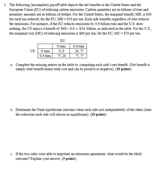 Solved The following (incomplete) payoff table depicts the | Chegg.com