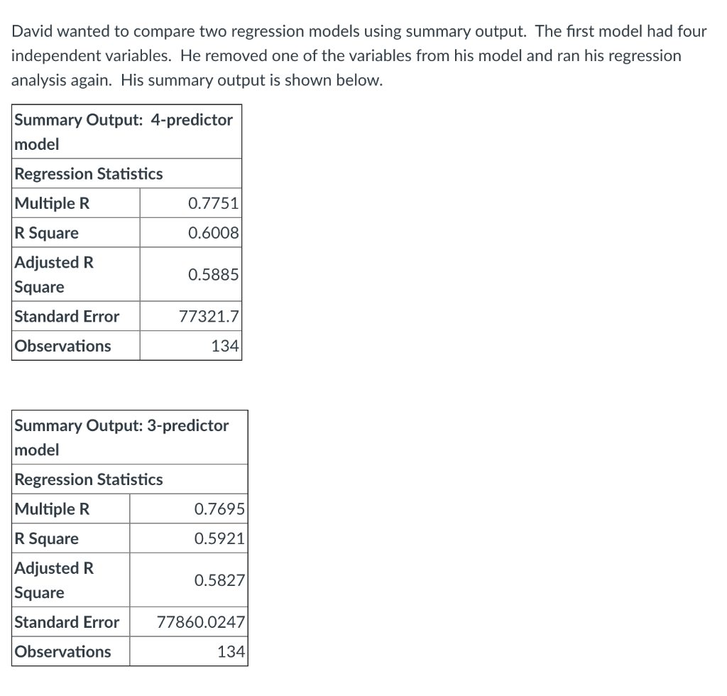 Solved David wanted to compare two regression models using | Chegg.com