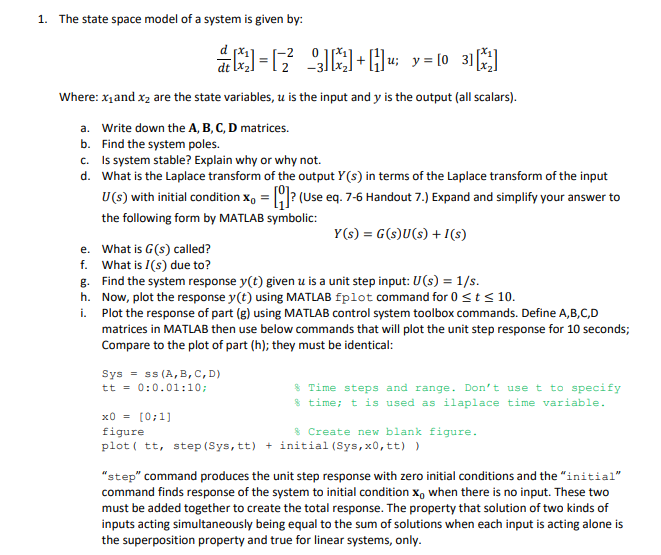 1. The state space model of a system is given by: de | Chegg.com