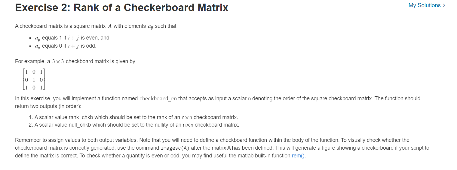 Solved Exercise 2: Rank of a Checkerboard Matrix My | Chegg.com