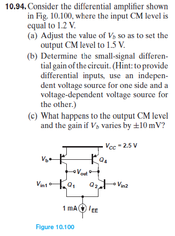 Solved 10.94. Consider the differential amplifier shown in | Chegg.com