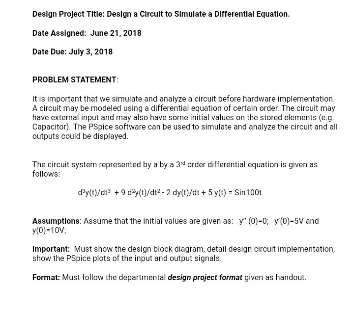 Solved Design Project Title: Design a Circuit to Simulate a | Chegg.com