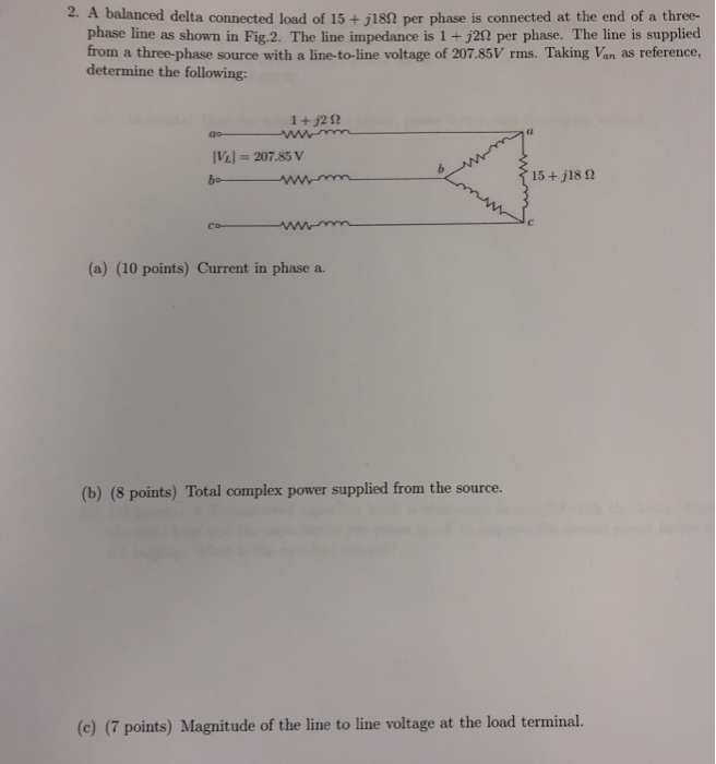 Solved 2 A balanced delta connected load of 15+jl8? per | Chegg.com