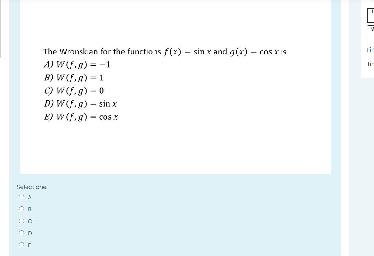 Solved E 9 Fir Tin 1 The Wronskian For The Functions F Chegg Com