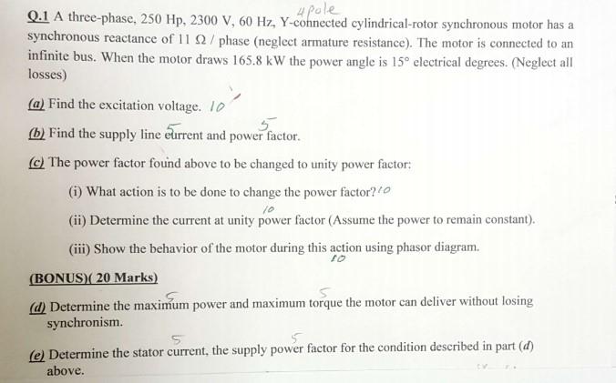 Solved Q.1 A three-phase, 250 Hp, 2300 V, 60 Hz, Y-connected | Chegg.com