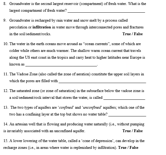 Solved 8. Groundwater is the second largest reservoir