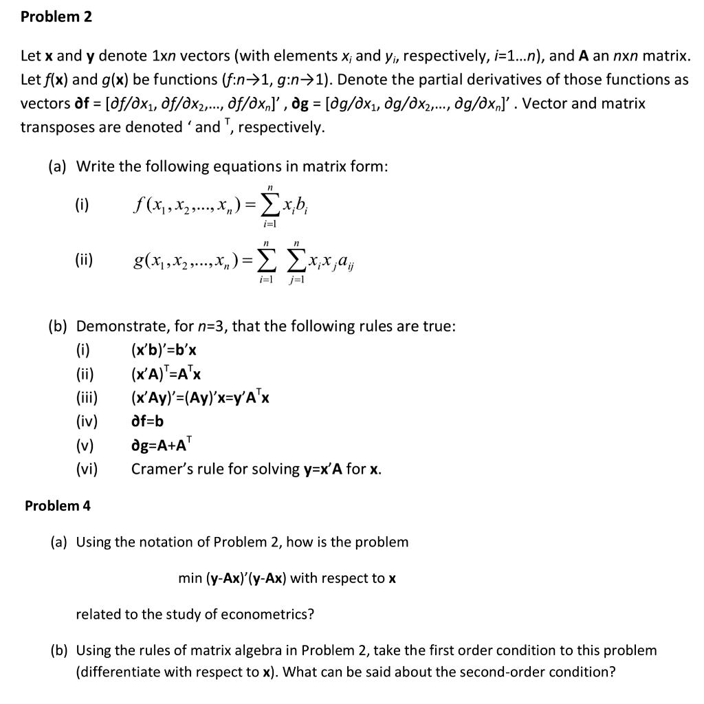 Solved Problem 2 Let x and y denote 1xn vectors (with | Chegg.com