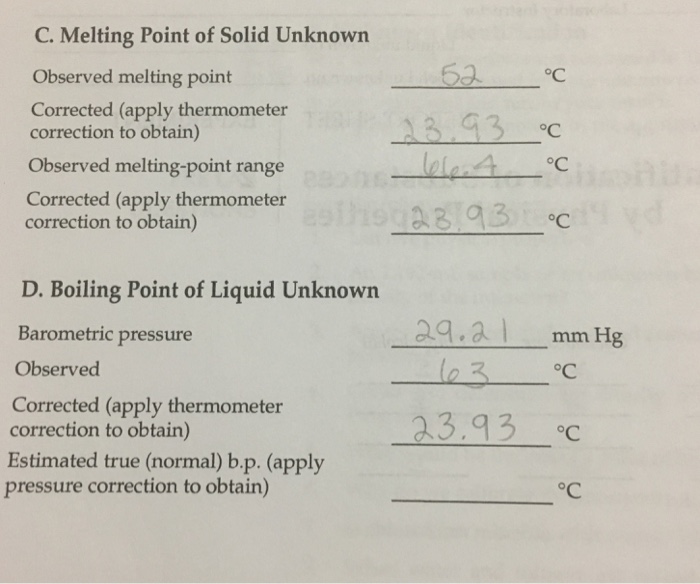 Solved C. Melting Point of Solid Unknown Observed melting | Chegg.com