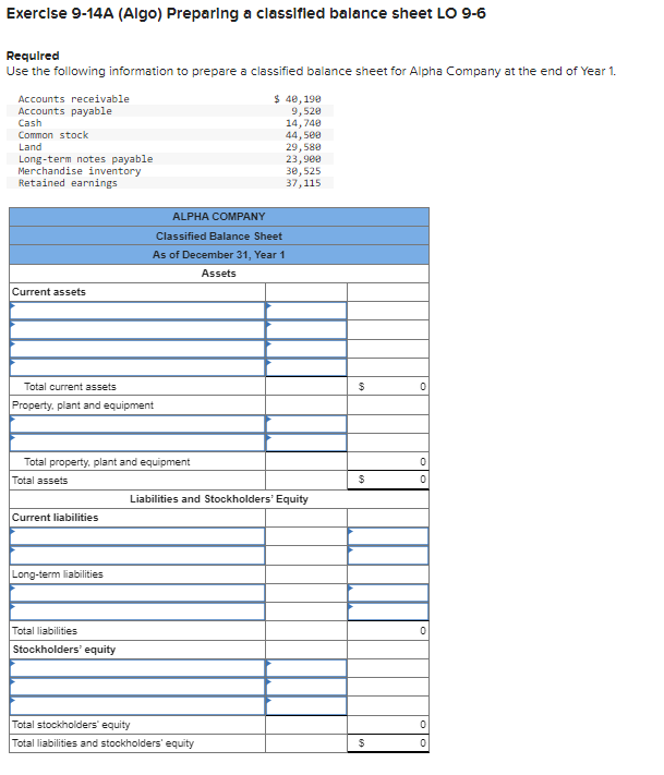 Exerclse 9-14A (Algo) Preparlng a classlfled balance | Chegg.com
