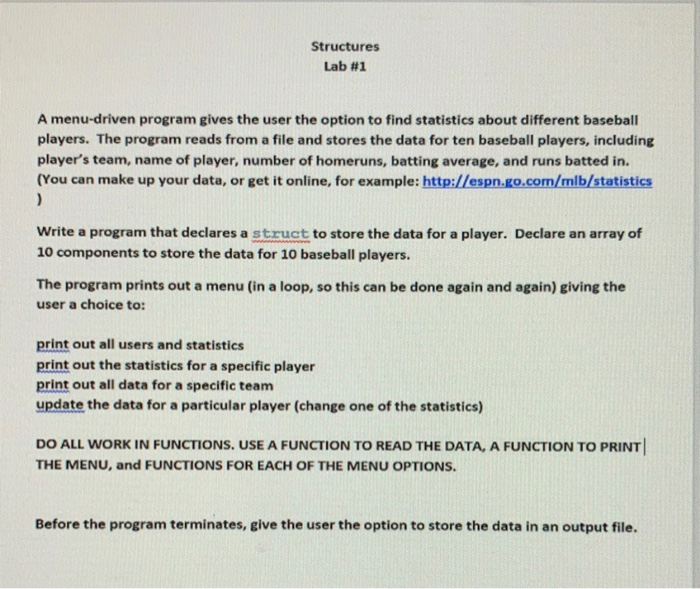 Solved Structures Lab #1 A menu-driven program gives the | Chegg.com
