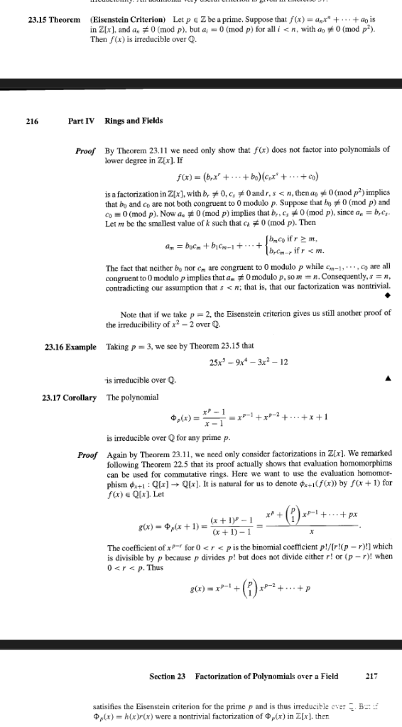 Solved 23 15 Theorem Eisenstein Criterion Let Pe Z Be A Chegg Com