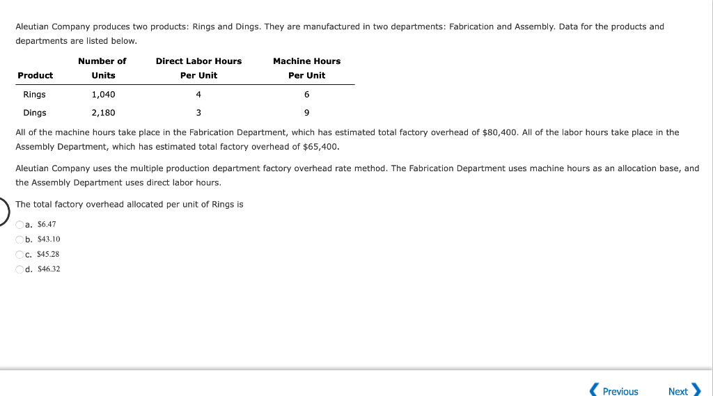 Solved Aleutian Company produces two products: Rings and | Chegg.com