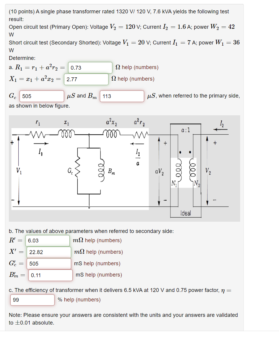 Solved (10 ﻿points) ﻿A single phase transformer rated | Chegg.com