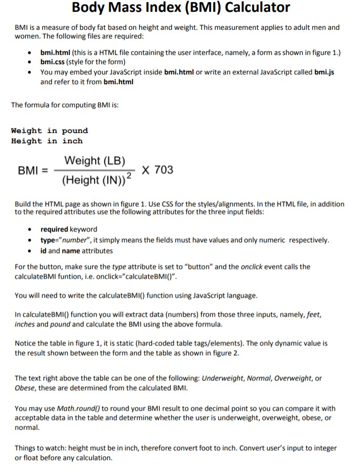 Solved Body Mass Index Bmi Calculator Bmi Is A Measure